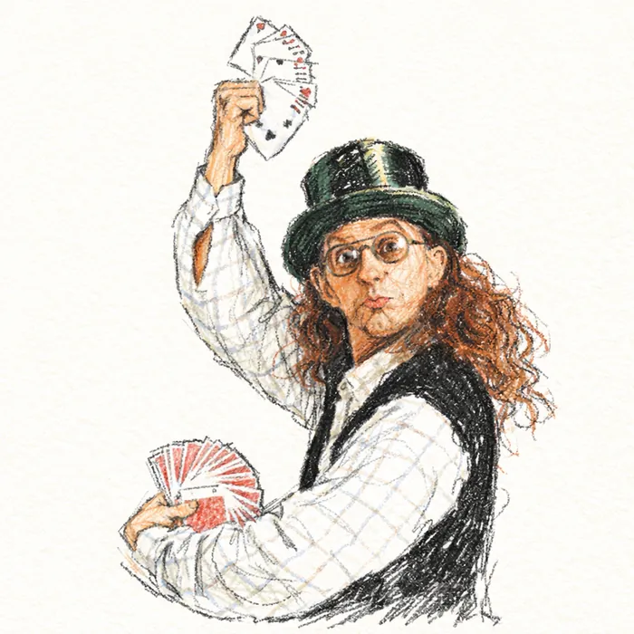 Ilustración de Juan Tamariz con sombrero verde y dos abanicos de cartas