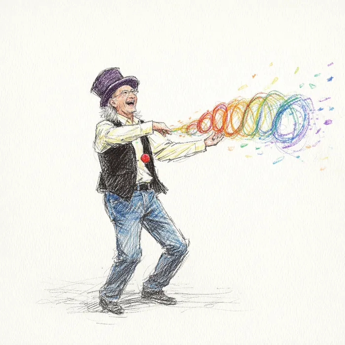 Boceto de Juan Tamariz haciendo un truco de magia con un remolino de color