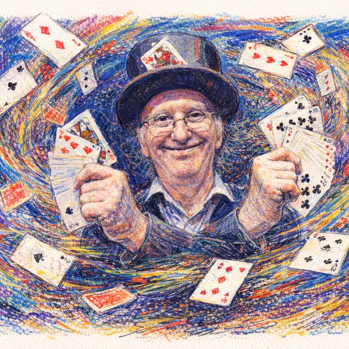 Ilustración de Juan Tamariz con sombrero de copa y cartas flotando